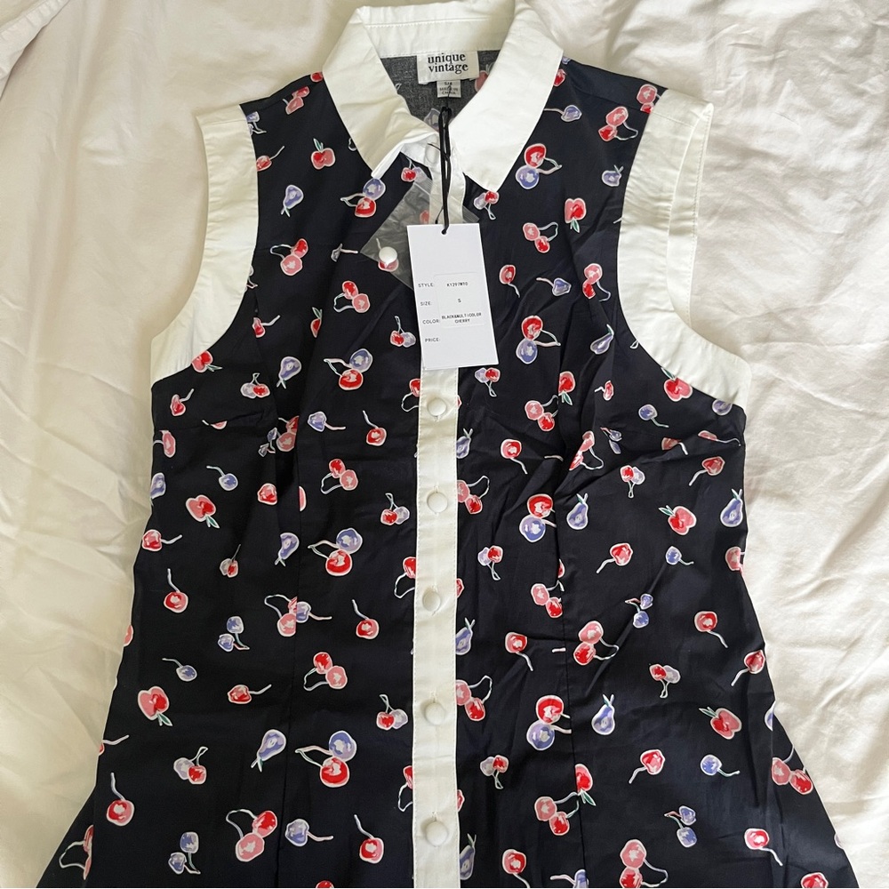 Unique Vintage Navy Cherry Print Button Down Shirt NWT